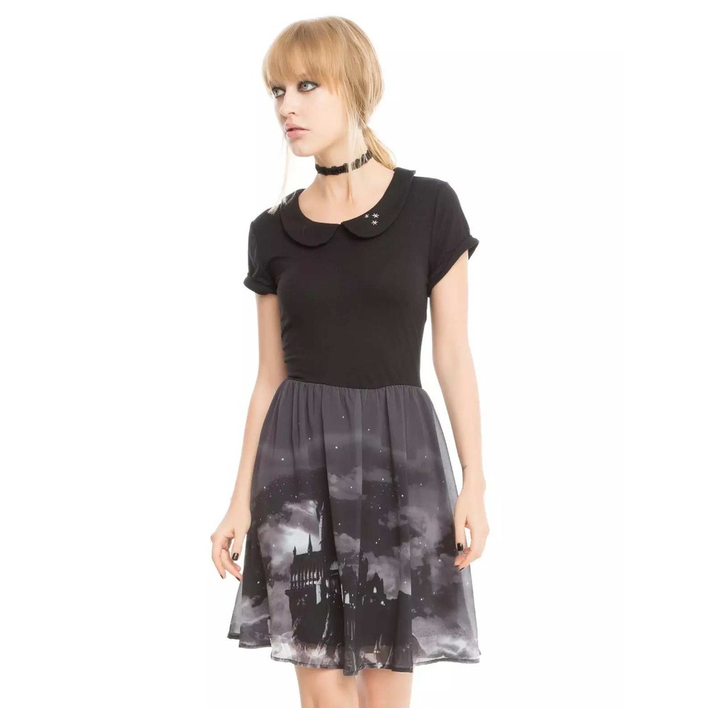 Harry Potter Hogwarts Castle Peter Pan Collar Dress Black Grey Plus Size 1